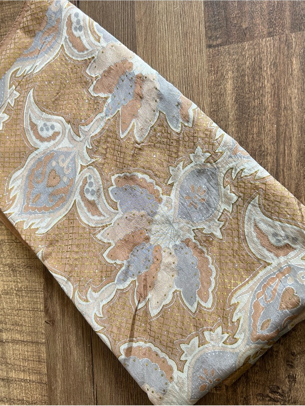 Vintage Oscar de la Renta Silk Jacquard Paisley Scarf 30x30 Gold Silver Painted